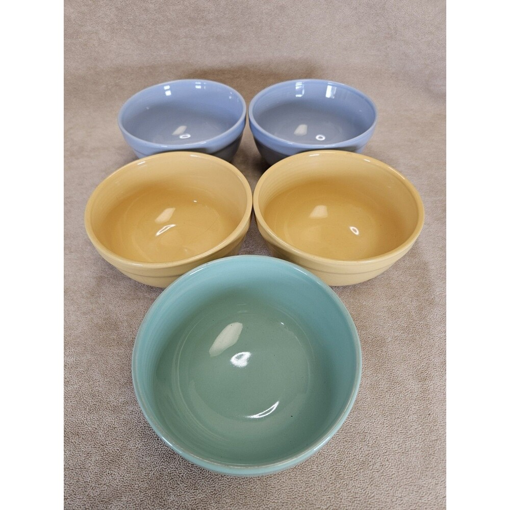 Trisa Pastel Cereal Ice Cream Bowls Set Of 5 Yellow Blue Green Ceramic Pottery